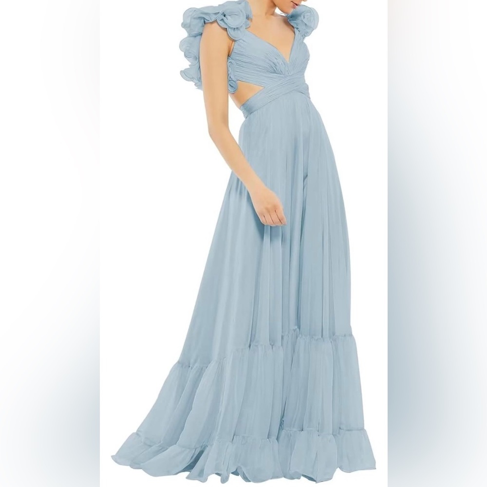 Light blue ruffle maxi backless formal prom wedding guest dress